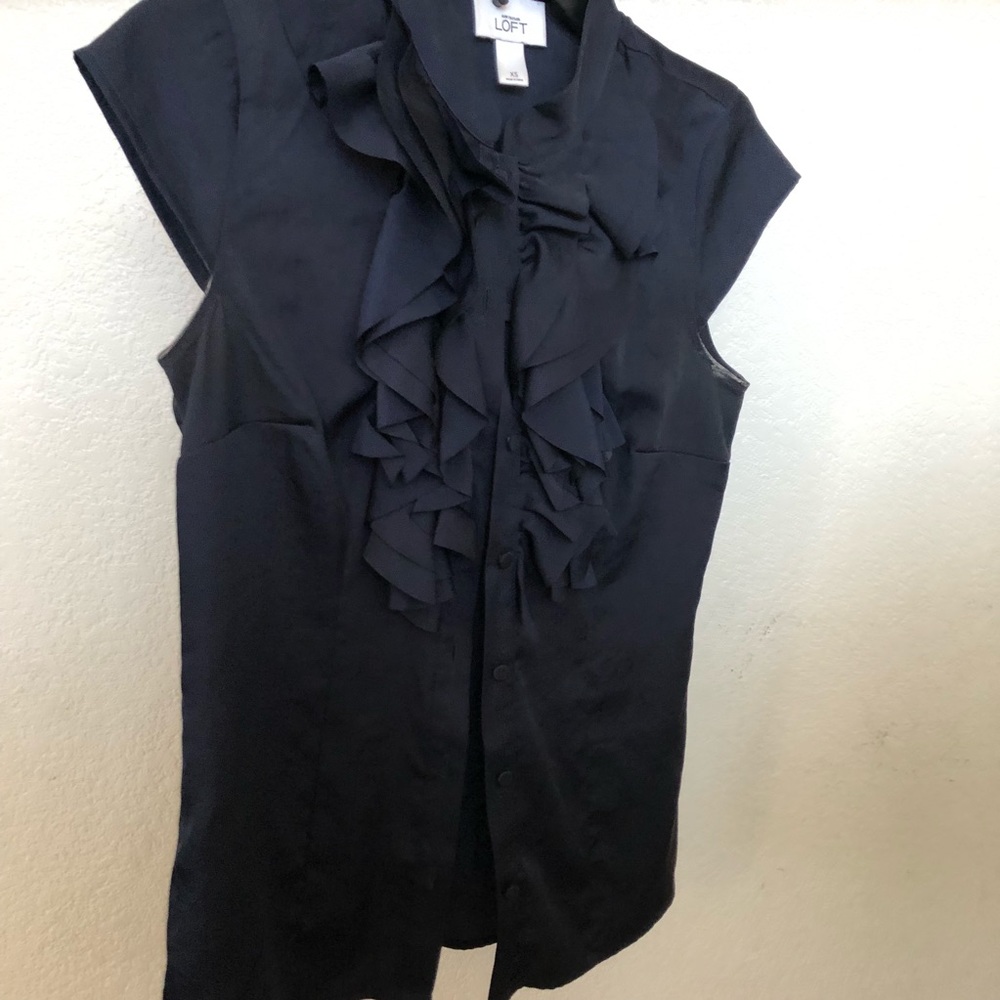 Loft Ruffle Button Down Navy Blouse - image 2